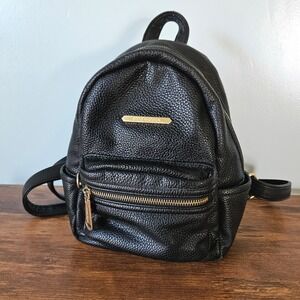 Steve Madden Black Pebbled Leather Mini Backpack Gold Hardware Front Pocket